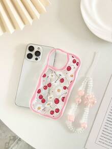 Cream Textured Wavy Edge Glossy Floral Cherry Painted Shockproof Phone Case With Handmade Beaded Bracelet Accessory, Compatible With IPhone 16/11/16pro/16plus/16promax/16e/15Promax/13/14/12/XS/XR/7G/8P, Compatible With Galaxy S25/S25PLUS/S25 Ultra/A16/A36/A26/A56/A50/A12 - Multicolor - View 3