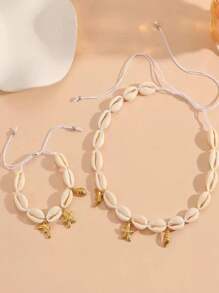 1 Set Ozean-themenfarma Muschelarmband, Hawaii-Stil Muschelhalskette, 18 Karat vergoldeter Edelstahl Clownfisch & Muschel Anhänger Schmuckset, geeignet für Frauen Strandurlaub
