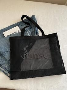 New Fashion Simple Summer Vacation Beach Casual Extra Large Capacity Net Fabric Letter Print Oversized One Shoulder Tote Bag