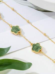 1pc Summer Beach Style Fashion Sweet Clover Pendant Anklet, 2-Layer Design, Random Bead Quantity On 2nd Layer, Gift For Women - Green - View 5