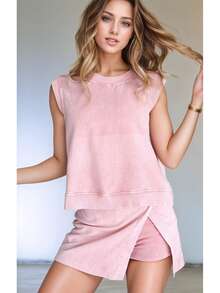 Mineral Wash Round Neck Tank Top Lined High Waist Split Skirt Set - Light Pink - 查看 3