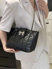 Solid Color PU Fabric Fashion Elegant Quilted Zipper Chain Shoulder Bag, Suitable For Party, Street, Travel, Versatile - Black - View 3