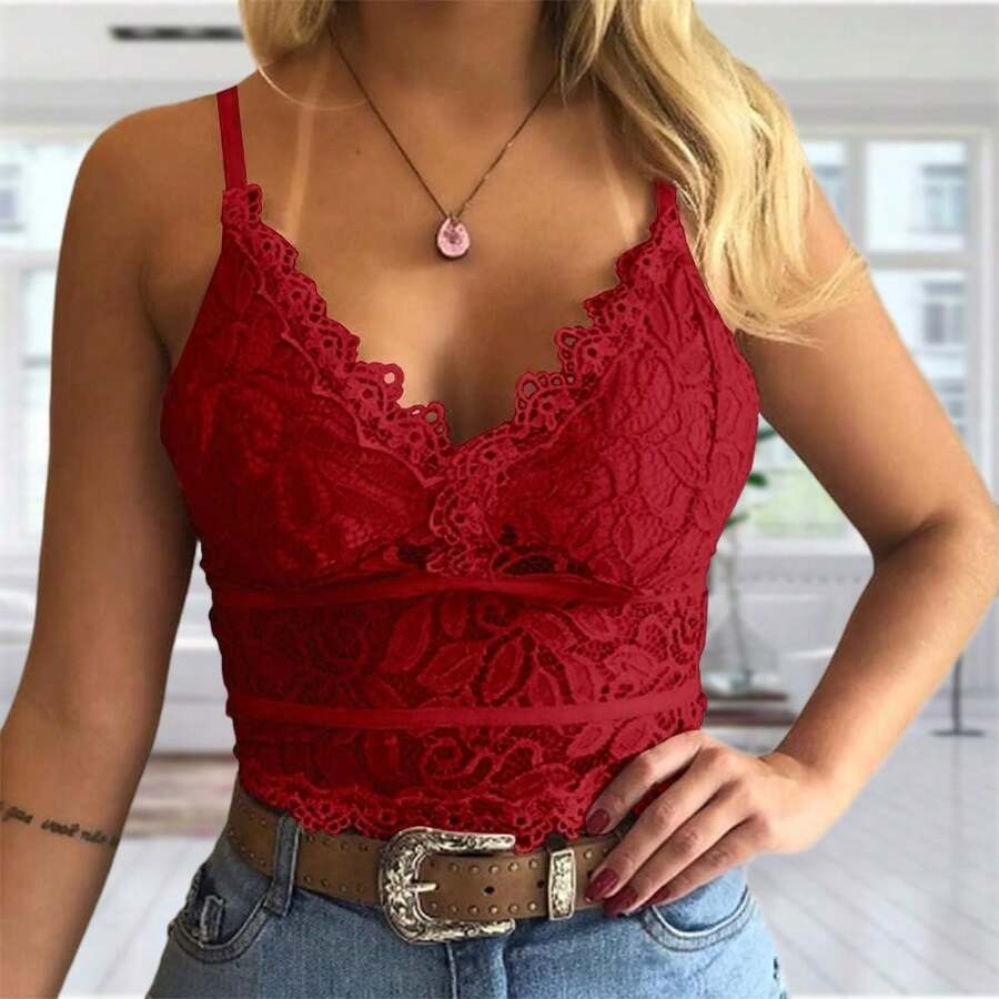 Women's Lace Crochet Cami Top Spaghetti Strap Crop Camisole Soft Casual Fit - 紅色 - 查看 1