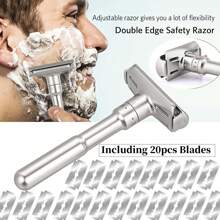 Adjustable Manual Safety Razor Shaver, Safety Men Double Edge Shaver,Razor With 20 Blades,Long Handle Adjustable Classic Safety Shaver Razor, Idea Gitf Father And Boy Frind