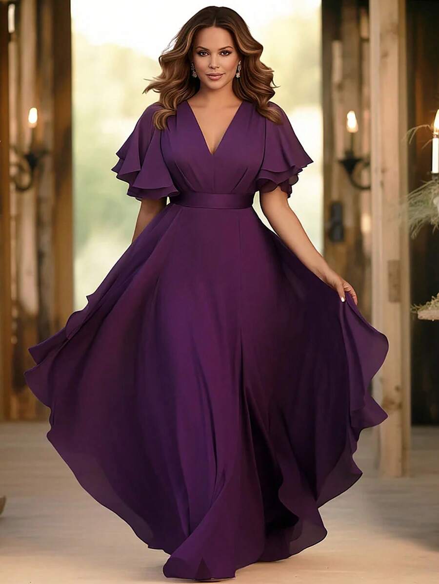 Plus Size Wedding Guest Grape Chiffon Flutter Sleeve Tunic Maxi Dress