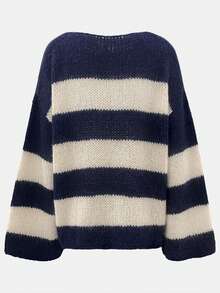 Round Neck Contrast Striped Loose Casual Fashionable Versatile Knit Pullover Top