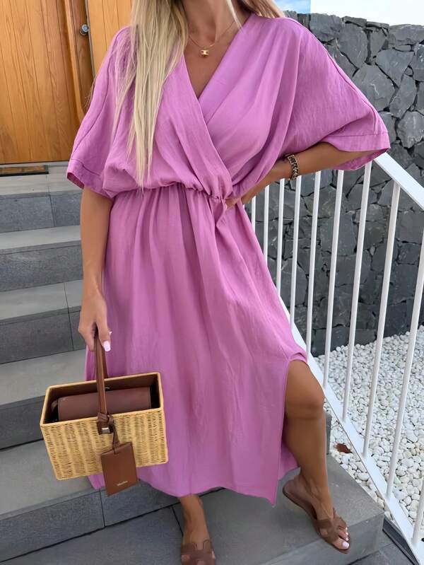 Women's Solid Color Casual Elegant Crossover Batwing Sleeve Split Waist Dress, Suitable For Wedding, Holiday, Beach