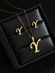 1 Set A-Z Stainless Steel Initial Necklace And Stud Earrings Jewelry Sets Alphabet Letter Pendant Chain Accessories Gifts