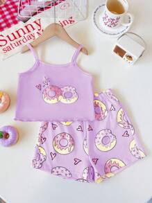 Chatreadl Hermoso conjunto de 2 piezas para niña con estampado de rosquillas: top tipo chaleco rosa refrescante y shorts a la cintura, adecuado para primavera, verano y otoño