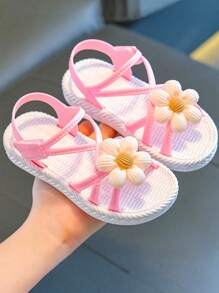 1 Pair Girls Summer Flower Decorated Slip-On Slides, Convenient Hook & Loop Closure, Wear Indoors Or Outdoors
