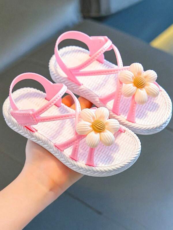 1 Pair Girls Summer Flower Decorated Slip-On Slides, Convenient Hook & Loop Closure, Wear Indoors Or Outdoors