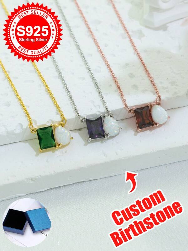 925er Sterling Silber Geburtsstein Halskette mit quadratischem Edelstein & künstlichem Tropfen-Opal - ein besonderes Geschenk für Paare, Freunde oder Familie. Geeignet für Geburtstage, Jahrestage, Valentinstag, Weihnachten oder jeden denkwürdigen Anlass.