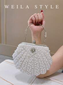 Luxury Pearl Clutch Bag For Women, Shell Beads Handbag For Formal Dress, Party, Wedding, Evening Gown, Rhinestone Shoulder Bag, Elegant Fashion Clutch Purse