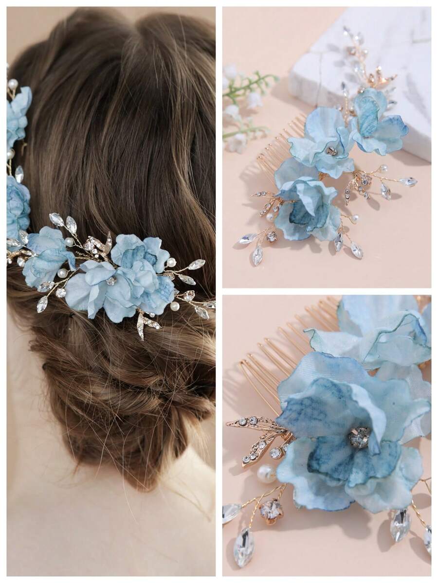 1pc Women's Ombre Silk Flower, Golden Metal Leaf & Rhinestone Decor Hair Comb, Energetic Countryside Bridal Headpiece Suitable For Daily, Party, Wedding Wear - Baby Blue - View 1