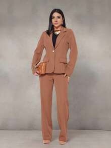 WUUW Women Office Formal Suit Set, Elegant Business Formal Set, 2 Piece Set, Plain/Button/Pocket/Zipper/Office - Lạc đà - Xem 2