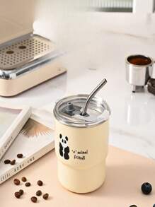 304 Stainless Steel Cartoon Water Cup With Straw And Transparent Lid Couple Water Cup Outdoor Camping Cup Ins Simple Coffee Cup