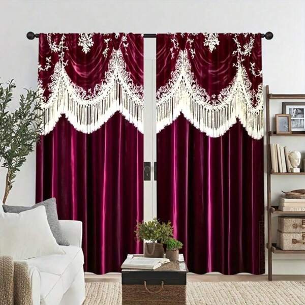 2 Pieces Of Red False Tassel Background Printed Curtains, Pole Bag Curtains 30*65, Bedroom And Living Room, Home Decoration, Room Decoration