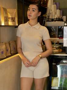 Andrea Bello Women Business Casual Polo Collar Short Sleeve Knit Top - Beige - View 4