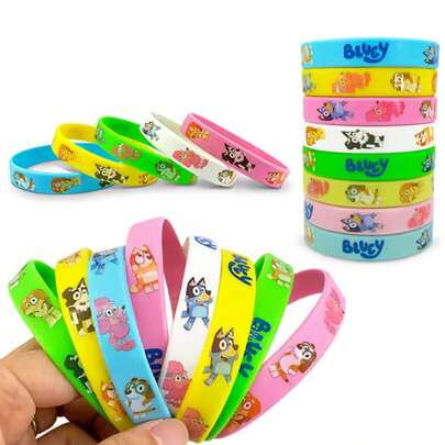 Bluey 10Pcs Or 12Pcs Or 22Pcs Blueys Bingo Dog Cartoon Silicone Bracelet Cute Christine Heeler Bingo Bandit Dog Bluey Family And Friends Animated Pattern Wristband Soft Rubber Bracelet Party Favor Gift Give Away Chilli Muffin Cupcake Heeler Kawaii Bracelet