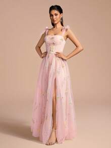 Floral Embroidery Mesh Prom Dress, Spaghetti Strap Tea Length Formal Cocktail Party Dress - Baby Pink - View 2
