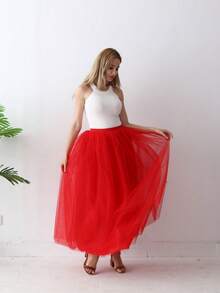 1pc Women High Waist Long Solid Color Tulle Tutu Skirt, 4 Layers Mesh + 1 Layer Lining, Suitable For Cosplay, Festival, Stage Performance, Summer - Multicolor - View 17