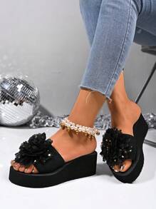 Sandalias de plataforma impermeables con cuña y comodidad para mujer, nuevas sandalias de verano casuales para la playa con decoración de lazo, chanclas negras para exteriores