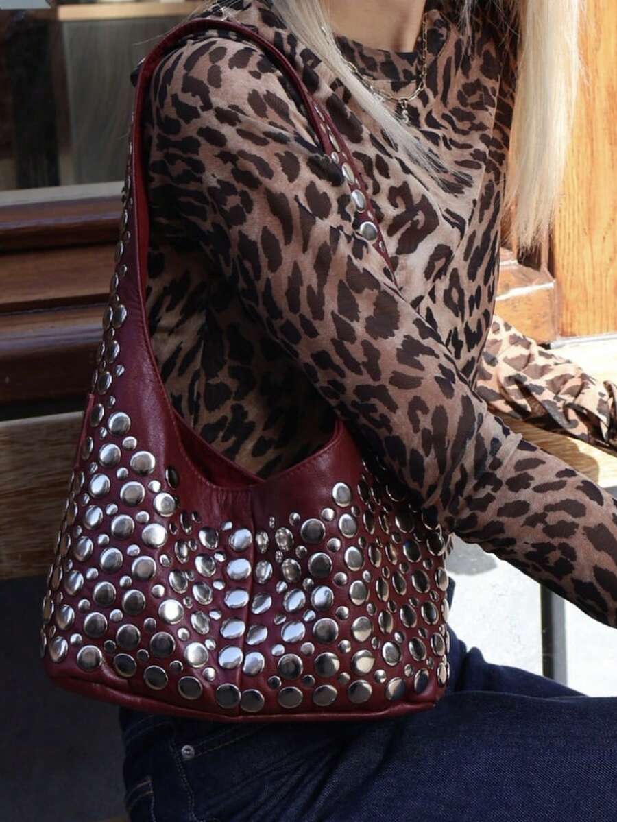 1 Set Bolso de hombro estilo punk + Bolso de mano de moda + Decoración con remaches + Material de PU + Cierre magnético, adecuado para uso diario, ir al trabajo y fiestas