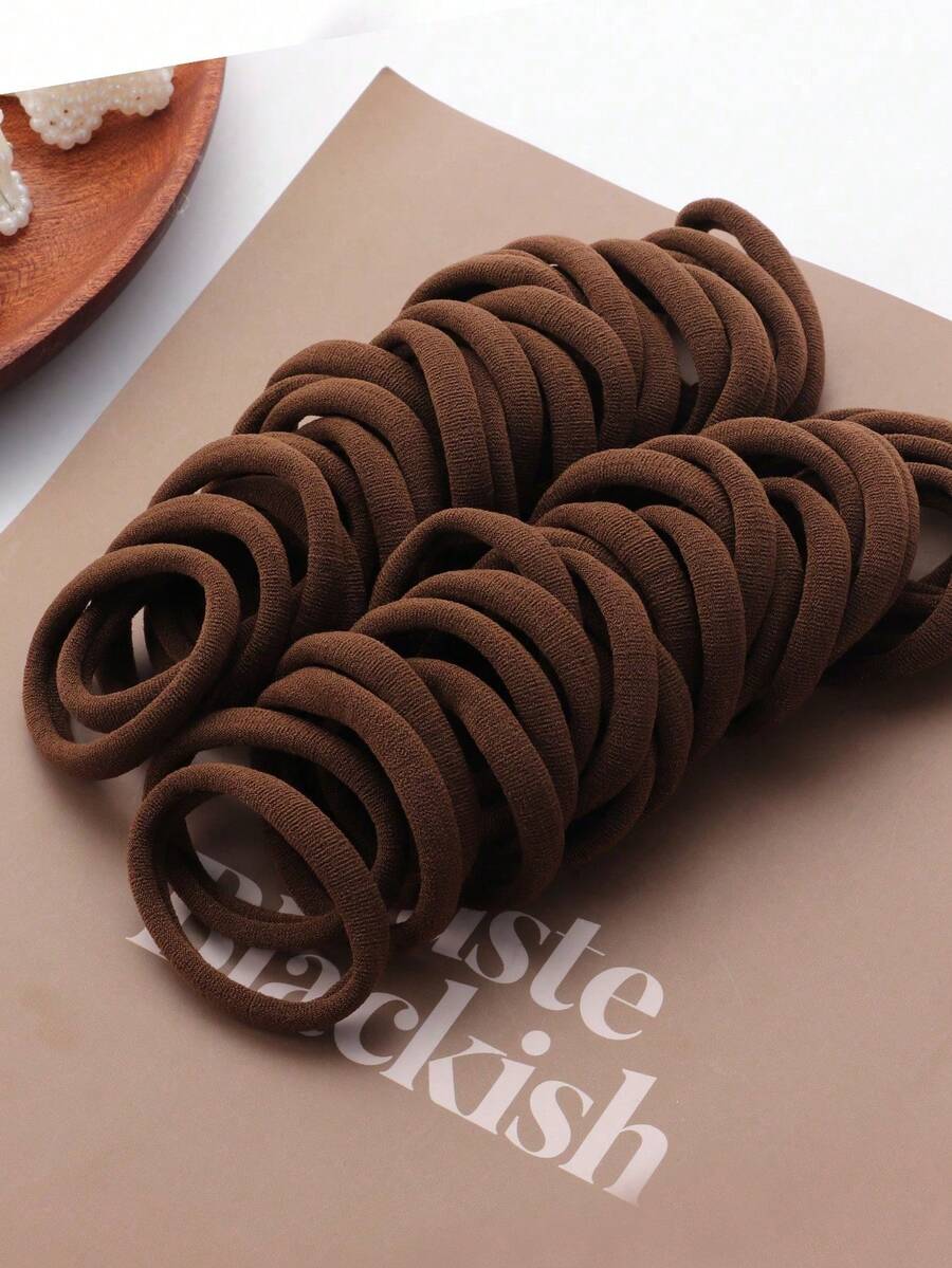 50/100 件简约风格女士高弹力发带，适合日常使用马尾辫固定器发圈橡皮筋发圈发绳 - 咖啡 - 查看 1