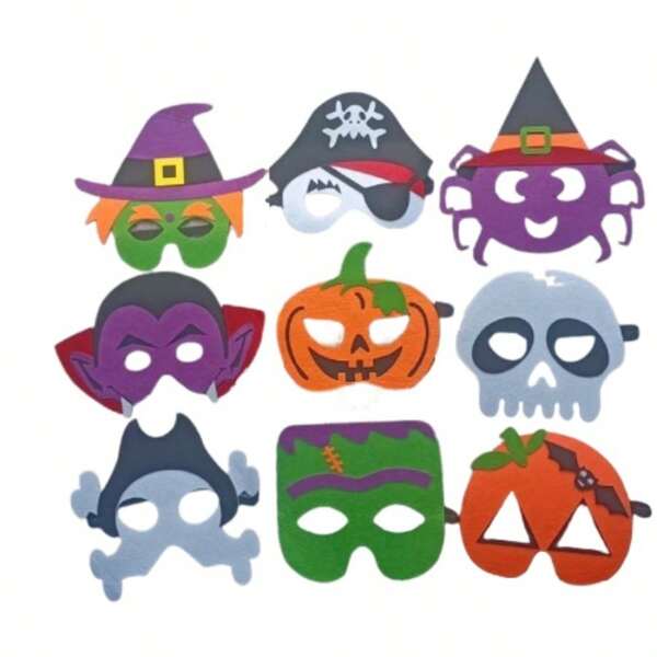 9pcs Halloween Costume Masks, Felt Costume Masks Including Pirate, Witch, Skull, Pumpkin Design, Suitable For Halloween Decoration
