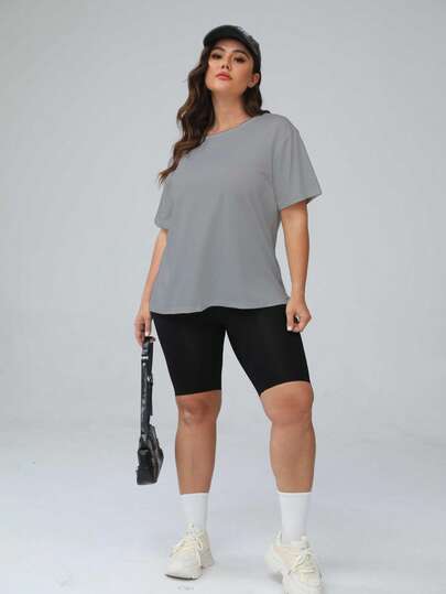 女式加大码宽松圆领落肩短袖休闲运动T恤