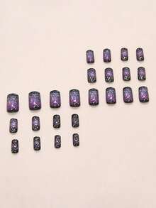 24 件指甲贴纸套装 - 采用深邃的星空和银河氛围设计，短方形，表面光滑 - 款式多样，时尚美甲，生动的指甲 | 图案印花 | 复杂的指甲图案，指甲配件让您的指尖闪耀光芒，适合派对、舞蹈和日常佩戴，可拆卸和可重复使用的按压指甲美甲用品 - 彩色 - 查看 3