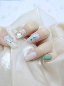 10 Peças de Unhas Artificiais Prensadas à Mão, Estilo Simples e Elegante, Decoradas com Olho de Gato Verde, Flores Secas e Pedras de Vidro, Unhas Artificiais Curtas no Formato Caixão Adequadas para Meninas e Mulheres, com 1 Peça de Cola de Gelatina e 1 Lixa de Unhas.
