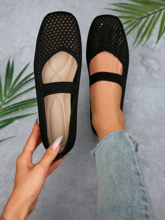 女士编织玛丽珍平底鞋，方头网眼透气鞋，舒适优雅的平针织一脚蹬