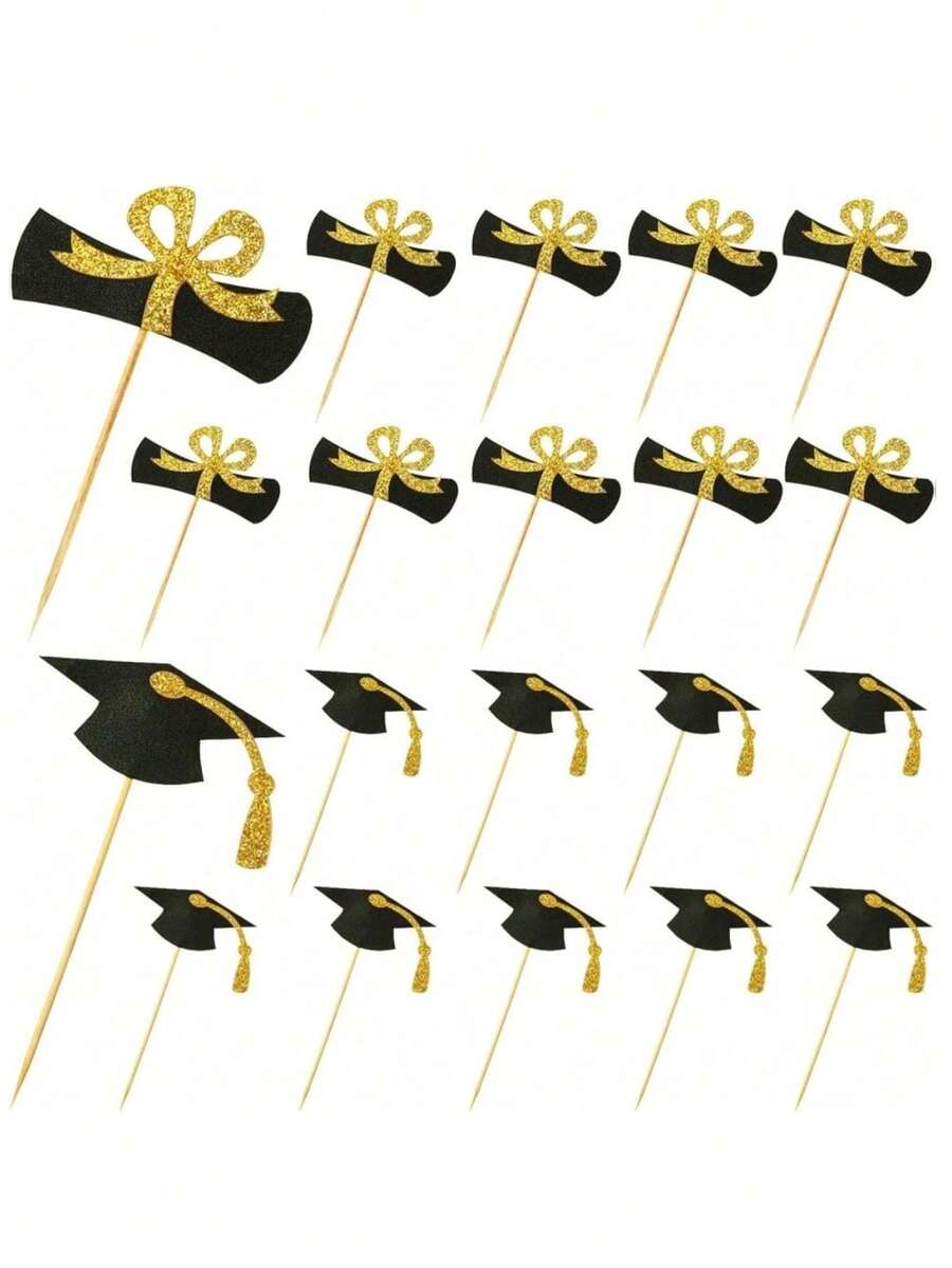 20 Pcs Graduation Cupcake Toppers Glitter Graduation Cap Cupcake Toppers Gold Congrats Grad Centerpiece Sticks Black For Graduation Party Decorations - Cake Card - View 1