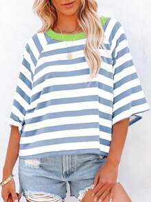 Casual Striped Round Neck Loose Short Sleeve T-Shirt For Women, Oversized Tee Suitable For Summer - Baby Blue - View 2