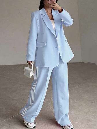 女士优雅斑驳领长袖西装外套和裤子两件套