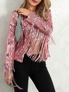 Women's Sequin Party Jackets Sparkly Long Sleeve Open Front Tassel Jackets Blazers Clubwear