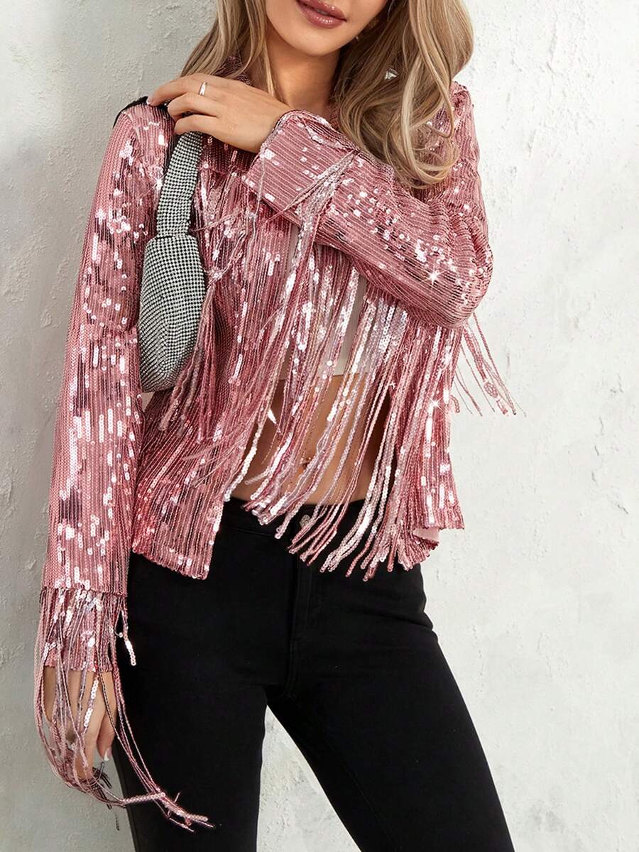 Women's Sequin Party Jackets Sparkly Long Sleeve Open Front Tassel Jackets Blazers Clubwear