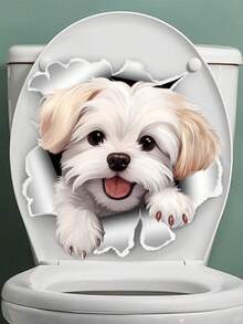 1 pieza Pegatina 3D linda de perro para el baño - Arte de pared autoadhesivo, diseño animal agrietado creativo - Multicolor - Ver 6