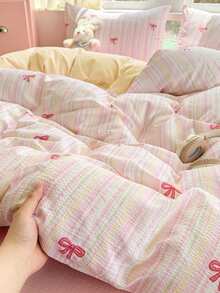 2/3件套粉色蝴蝶结，黄色，清新可爱，提花工艺，超级柔软，适合男孩女孩，宿舍装饰，学生，甜美可爱的女孩，学生，春夏磨毛被套枕套套装，有单人床、双人床、大号床尺寸可选