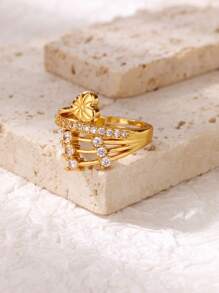 1 pieza Anillo de corazón geométrico de circonita para mujer, color dorado, acero inoxidable ajustable, anillo de boda de lujo, joya de corazón como regalo
