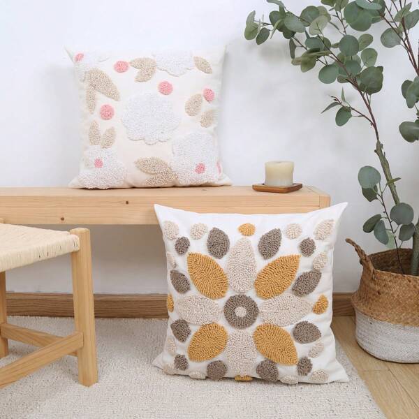 1Pc, Pastoral Flower Pattern Tufted Throw Pillow Cases, Geometric Square Cushion Cases, Decorative Pillow Covers For Living Room Bedroom Couch Sofa, 18x18Inch, No Pillow Insert