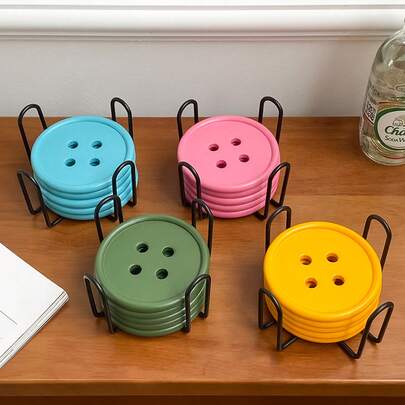 1 Bộ 6 Miếng Lót Ly Nút Nhiều Màu Nguyên Bản, Miếng Lót Ly Gỗ Tròn Chủ Đề Dopamine Có Giá Đỡ Bằng Sắt Hình Chữ Thập, Tấm Lót Ly Cà Phê Thanh Lịch Dùng Trang Trí Nhà Cửa, Nhà Hàng, Khách Sạn, Quán Cà Phê, Giá Đỡ Bàn Ăn Phòng Khách, Quà Tặng