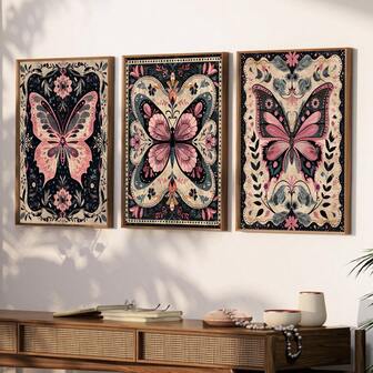 3pcs/Set Candinavian Folk Art Butterfly Posters, Nordic Floral Vintage Botanical Canvas Painting, Waterproof Canvas Wall Arts, Artwork Wall Painting For Gift, Ornament For Living Room, Bedroom, Bathroom, Office, Hallway, Kitchen Decor, Room Decor, Home Decor Optional Frame