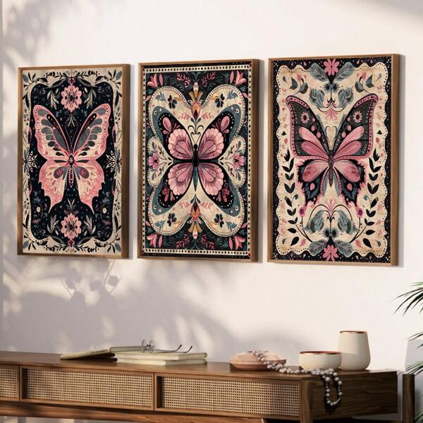 3pcs/Set Candinavian Folk Art Butterfly Posters, Nordic Floral Vintage Botanical Canvas Painting, Waterproof Canvas Wall Arts, Artwork Wall Painting For Gift, Ornament For Living Room, Bedroom, Bathroom, Office, Hallway, Kitchen Decor, Room Decor, Home Decor Optinal Fram