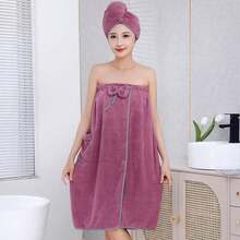 Cască de duș din două piese, fără bretele, prosop de baie în culoare solidă, decorațiune cu fundă, halat de baie reglabil, potrivit pentru femei, saună, plajă, piscină, sală de sport, rochie de duș pentru călătorii, rochie de duș