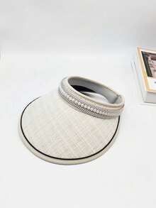 1 件随机新款大帽檐太阳帽女士夏季百搭珍珠头带帽黑色防紫外线露顶帽