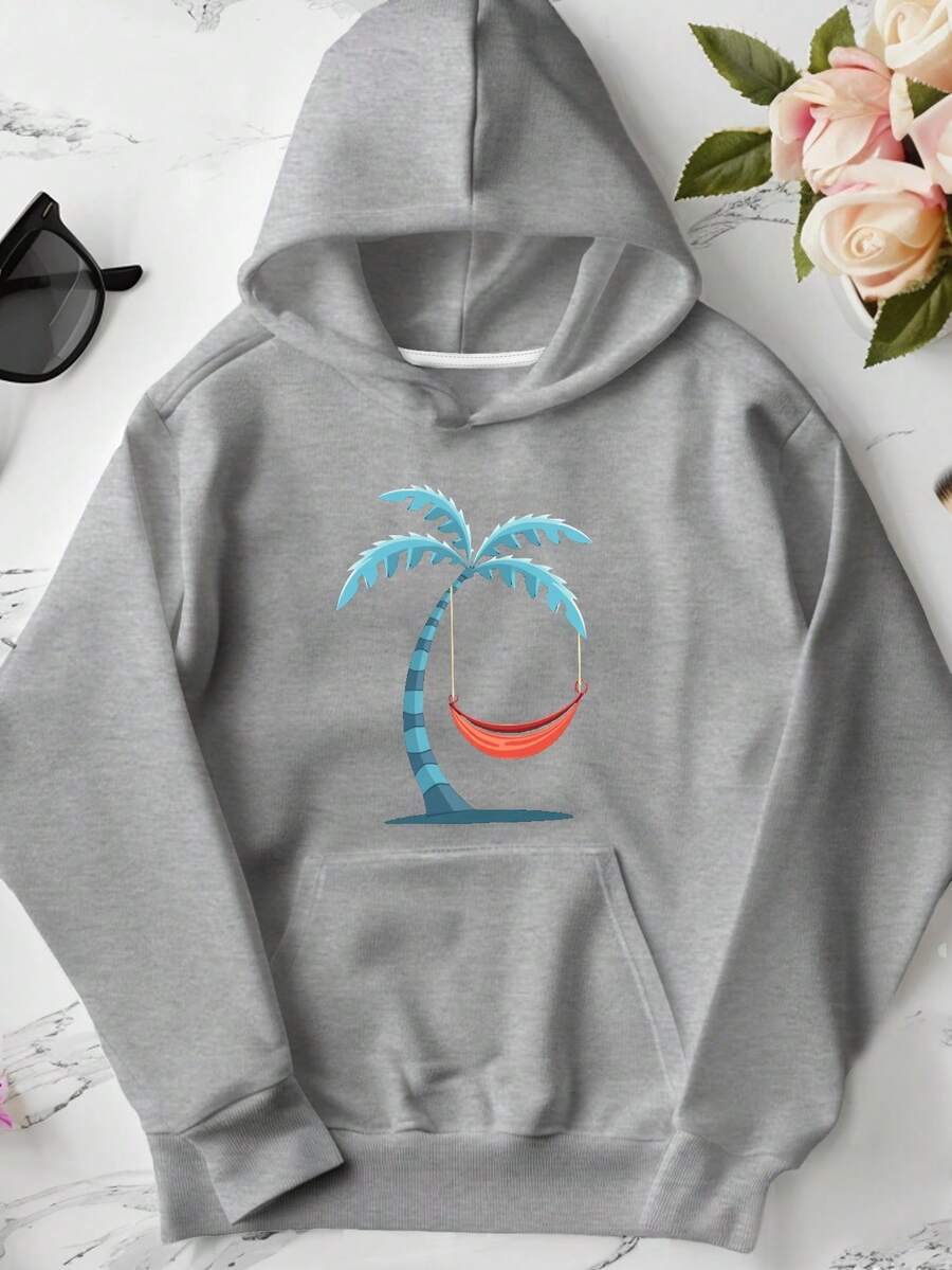 Palm Tree Red Hammock Minimalist  Women's Plus Size Casual Hoodies,  Vintage Graphic Tops,Daily Wear,Season,School,Holiday,Casual,Festival,Now, Fashion,Hip Hop - Grey - View 1