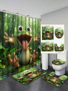 1/4 Stück Frosch Muster Duschvorhang Set, beinhaltet Duschvorhang, 12 Haken, Badematte, U-förmige Toilettenvorlage, Toilettensitzabdeckung, Badezimmer Dekoration, geeignet für Badezimmer Vorhang Set für den Schulanfang