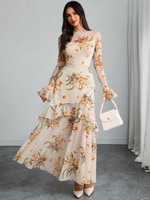 Women's Gothic Elegant Sexy Mesh Patchwork Colorful Floral Print Retro Flare Sleeve Ruffle Hem Fishtail Double Layer Dress - Multicolor - View 4